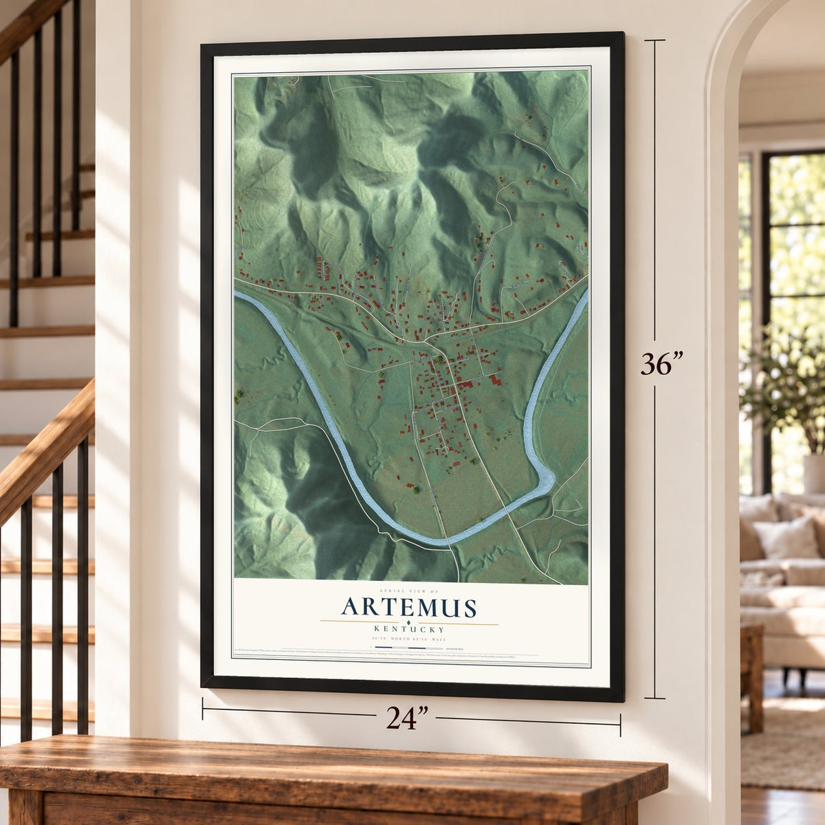 Artemus, Kentucky map, 24 x 36 inch print in a black frame by a staircase