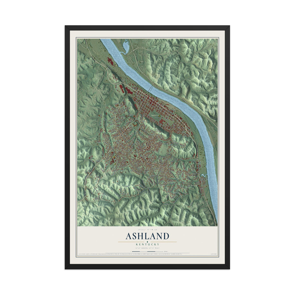 Map of Ashland, Kentucky, 12 x 18 inch print in a black wood frame