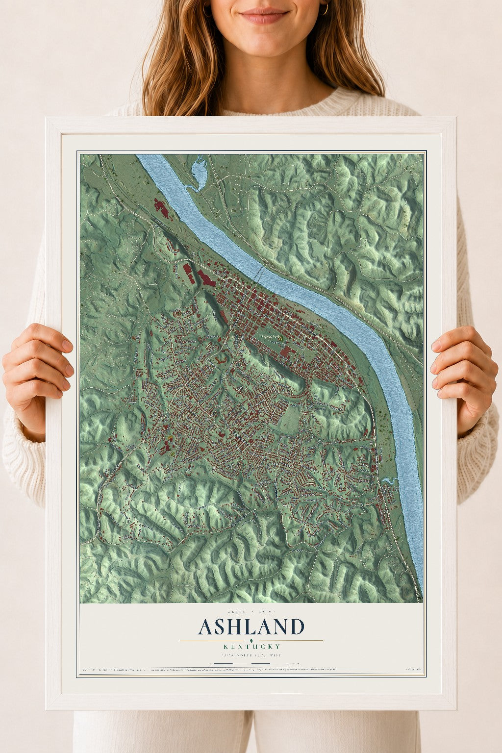 Map of Ashland, Kentucky, 18 x 24 inch print in a white wood frame
