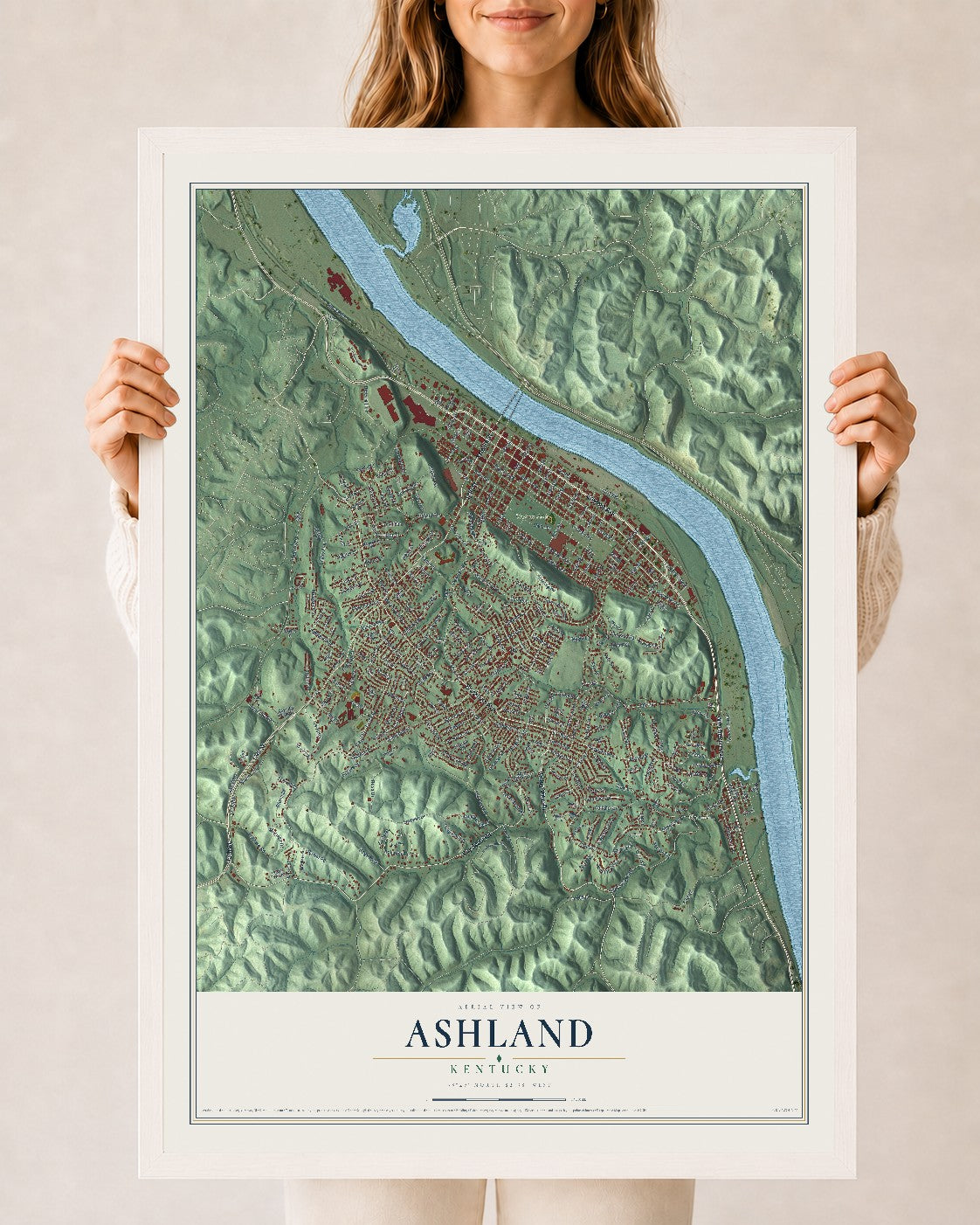 Map of Ashland, Kentucky, 24 x 36 inch print in a white wood frame