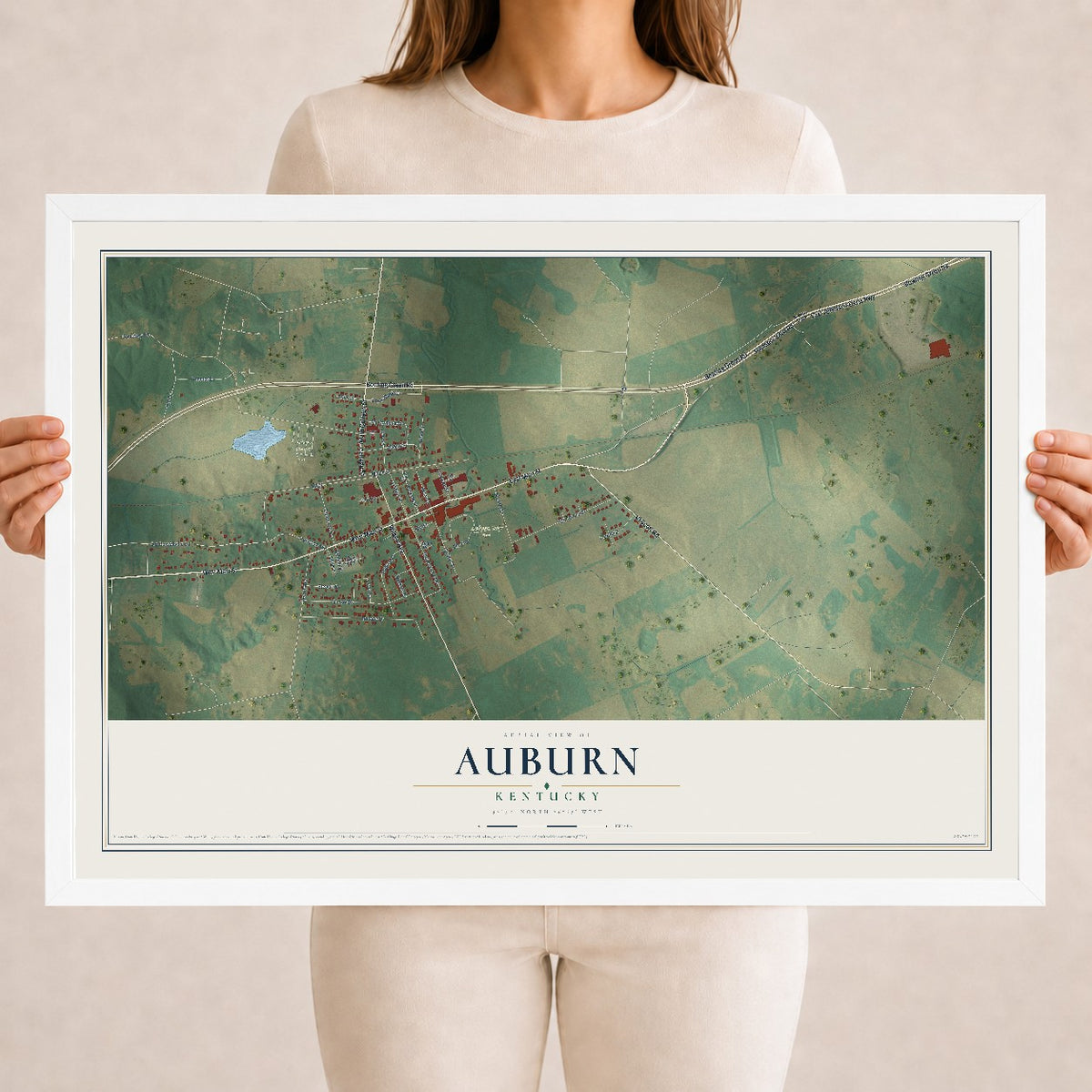 Map of Auburn, Kentucky, 18 x 24 inch print in a white wood frame