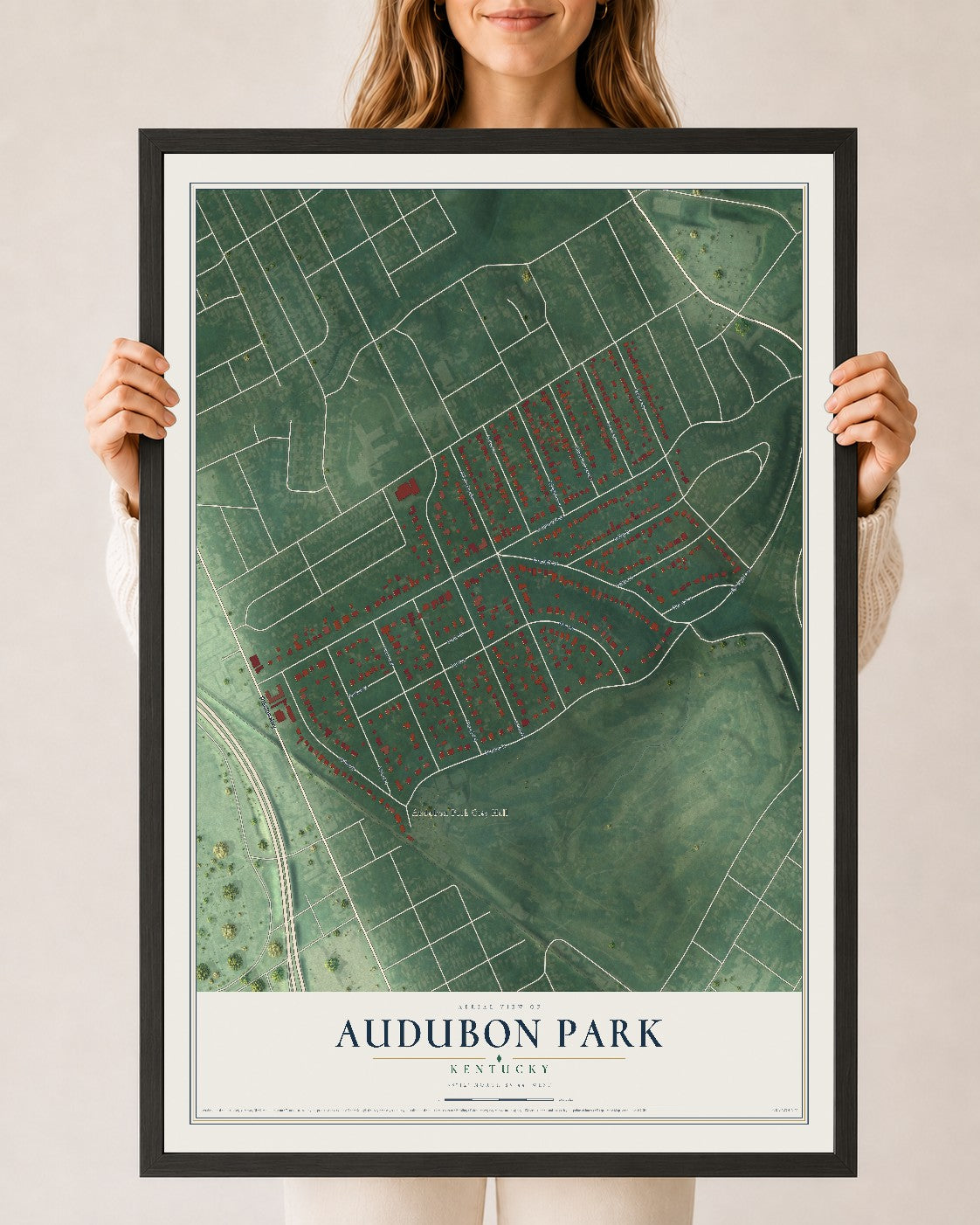Map of Audubon Park, Kentucky, 24 x 36 inch print in a black wood frame