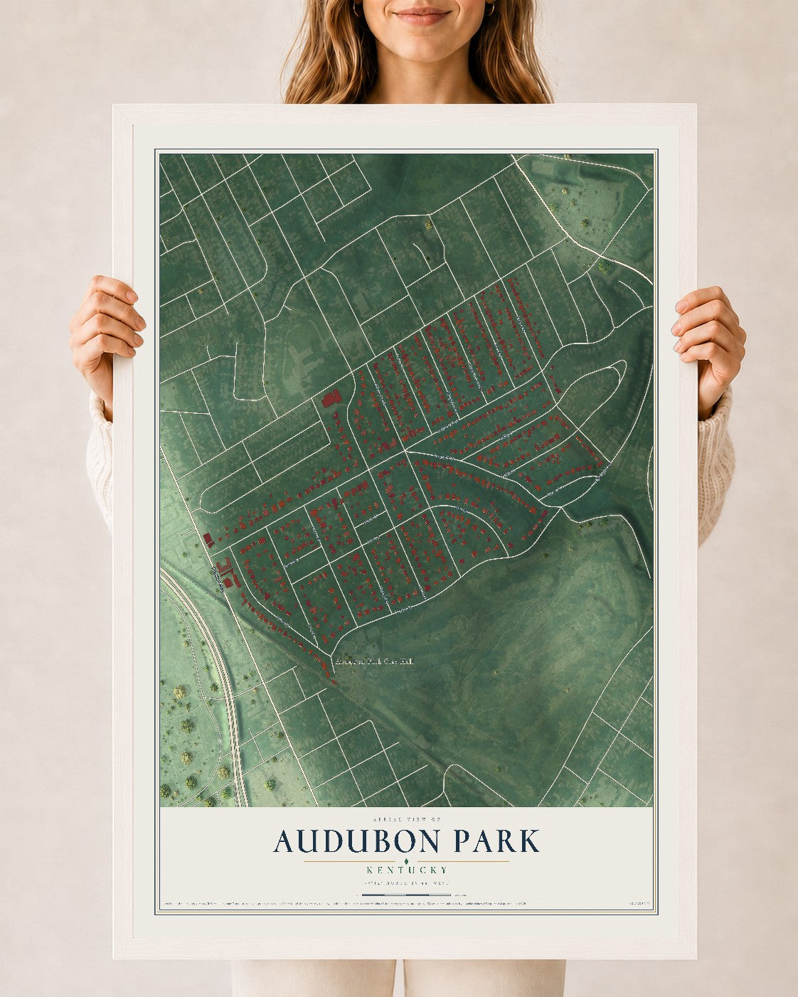 Map of Audubon Park, Kentucky, 24 x 36 inch print in a white wood frame