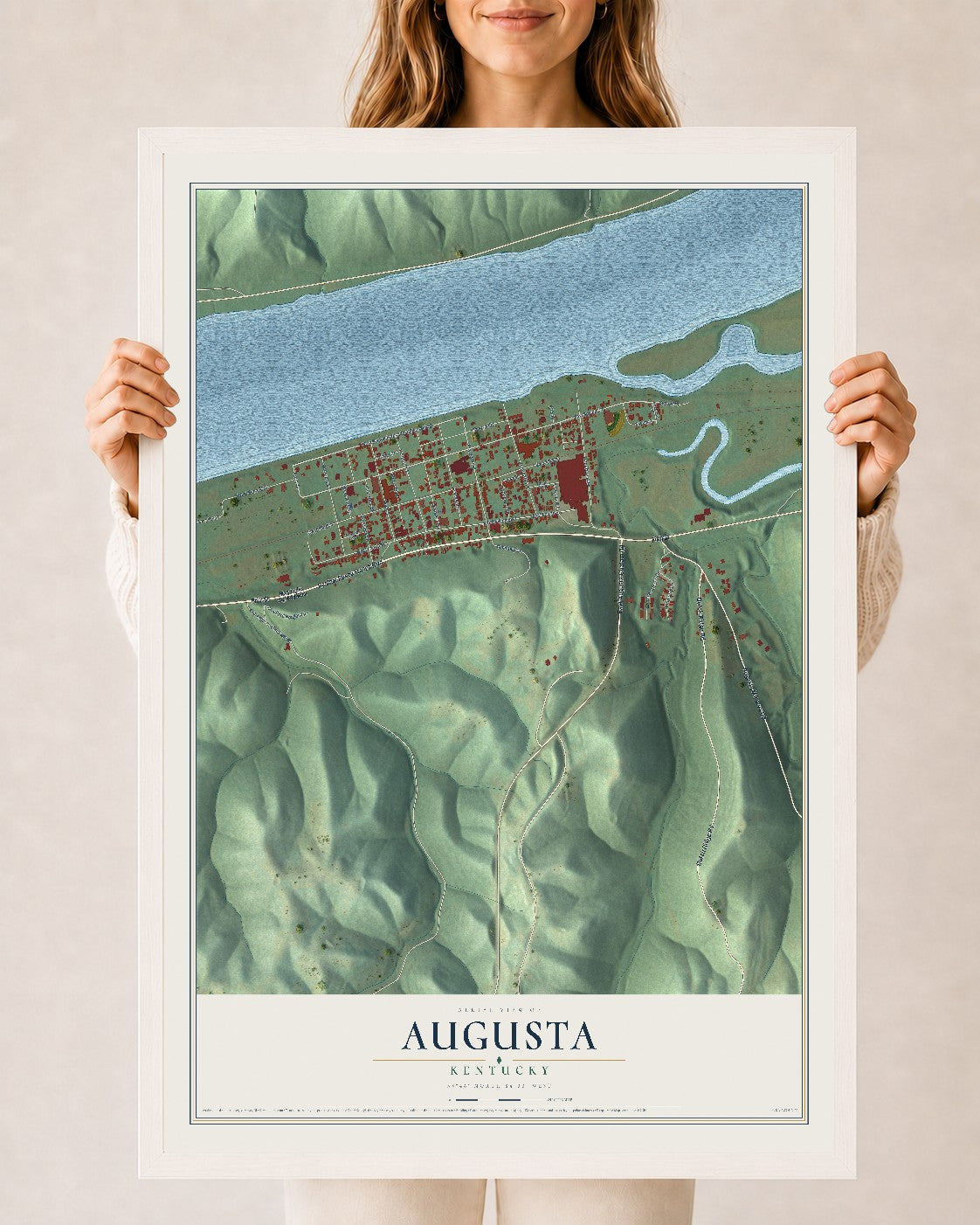 Map of Augusta, Kentucky, 24 x 36 inch print in a white wood frame