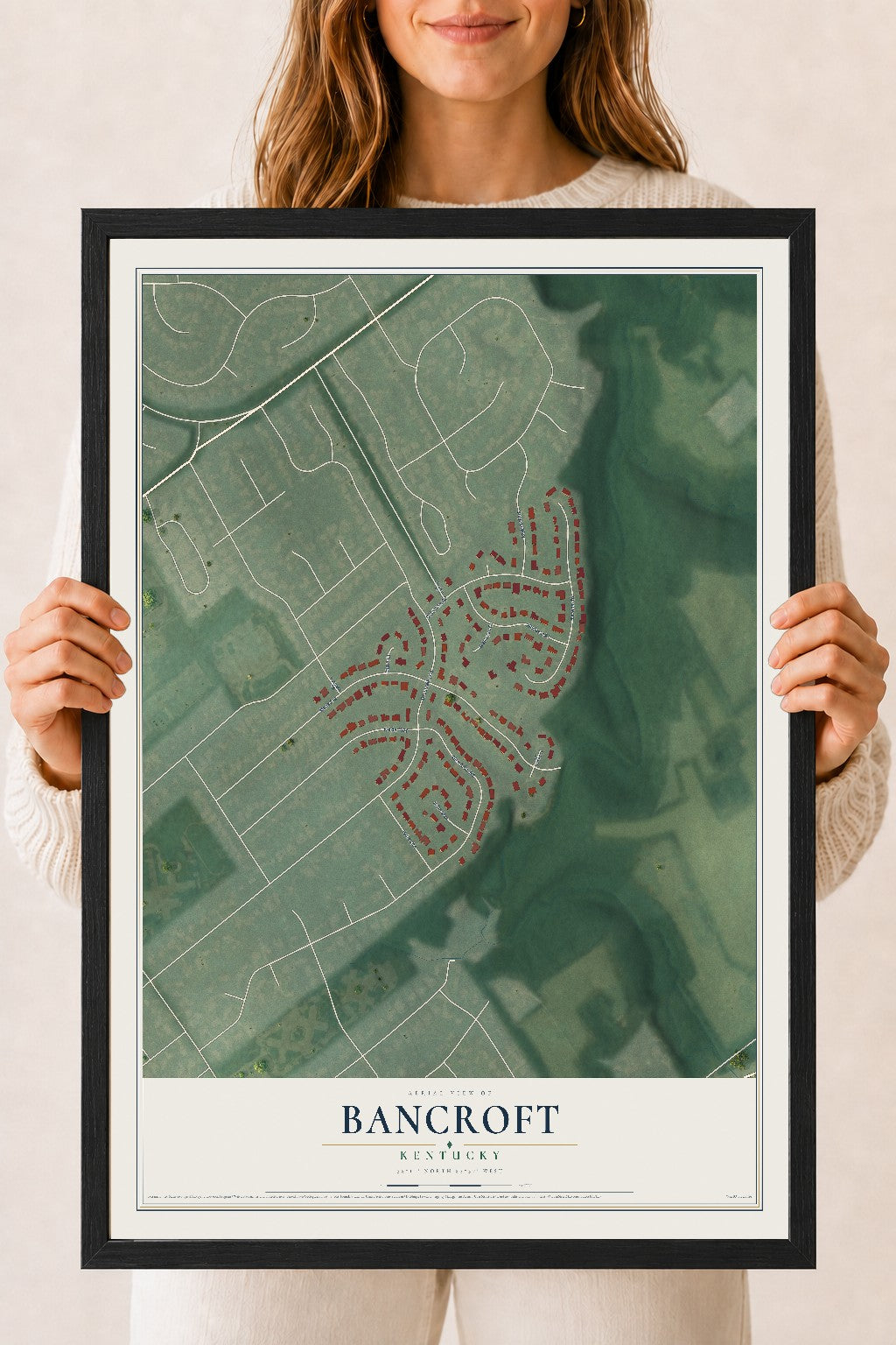 Map of Bancroft, Kentucky, 18 x 24 inch print in a black wood frame