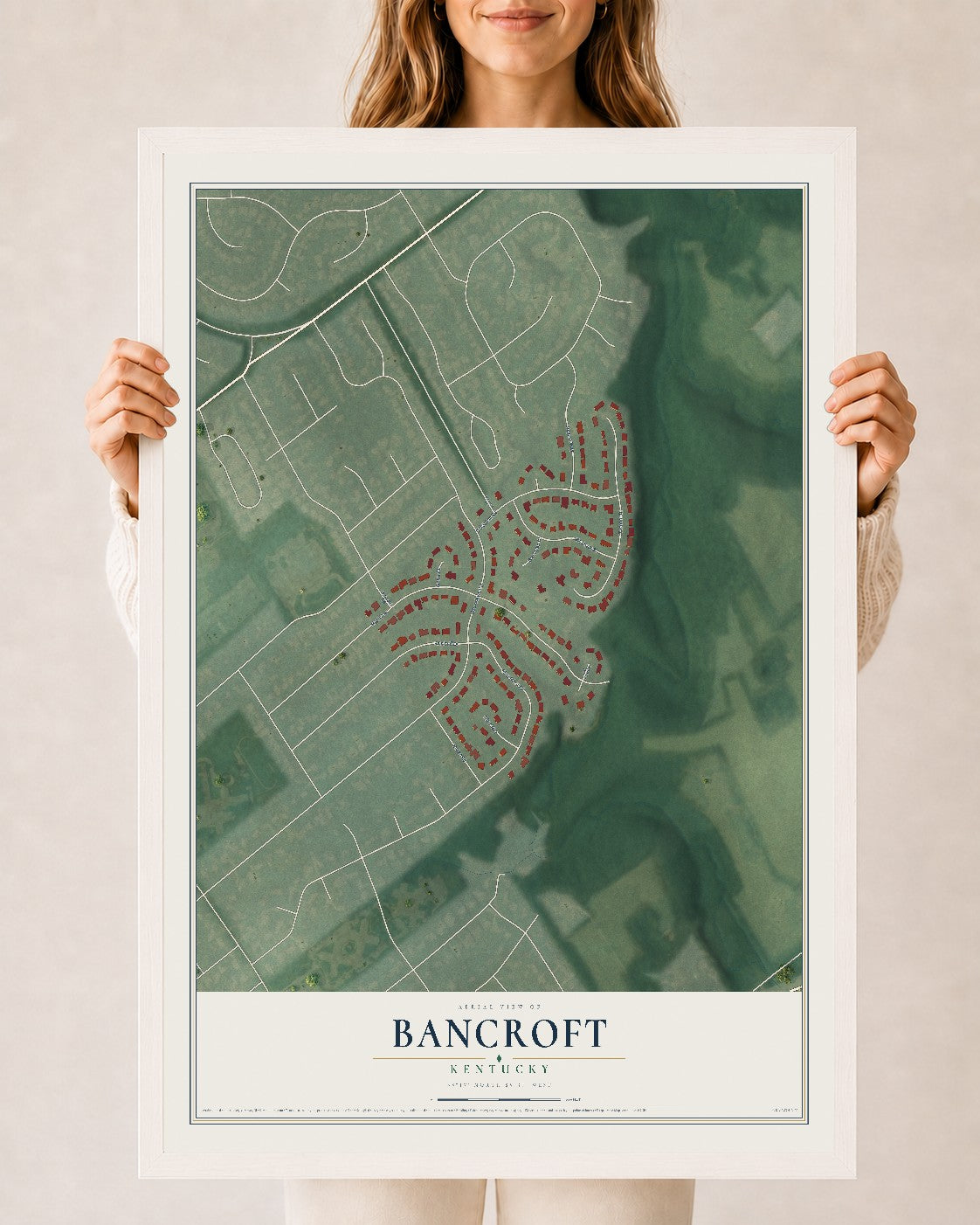 Map of Bancroft, Kentucky, 24 x 36 inch print in a white wood frame