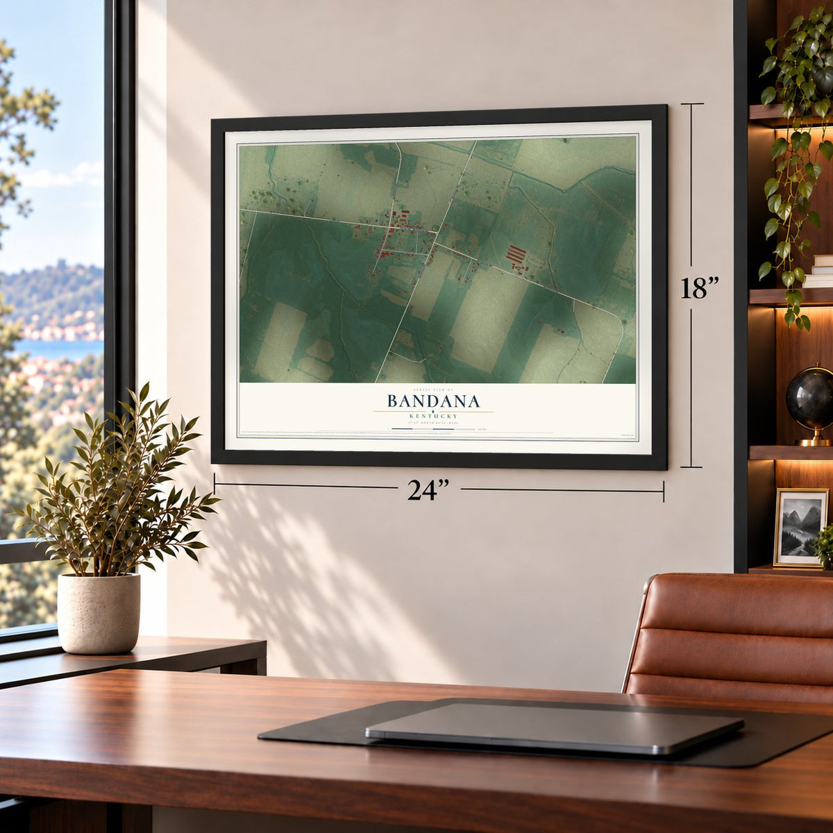 Bandana, Kentucky map, 18 x 24 inch print in a black frame in a home office