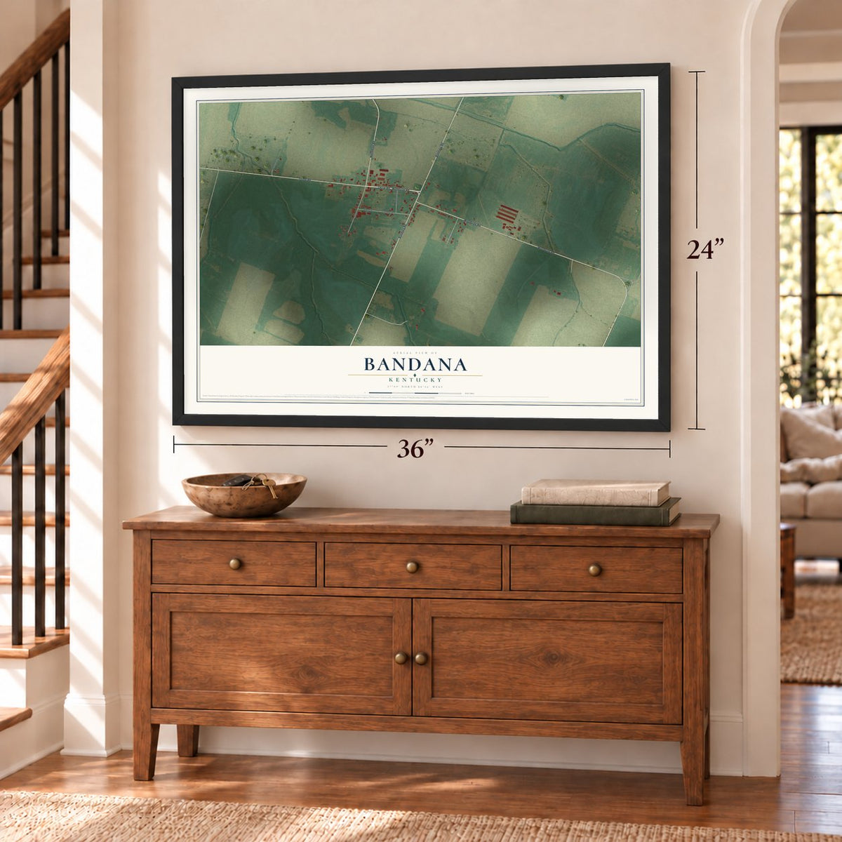 Bandana, Kentucky map, 24 x 36 inch print in a black frame above a dresser by a staircase
