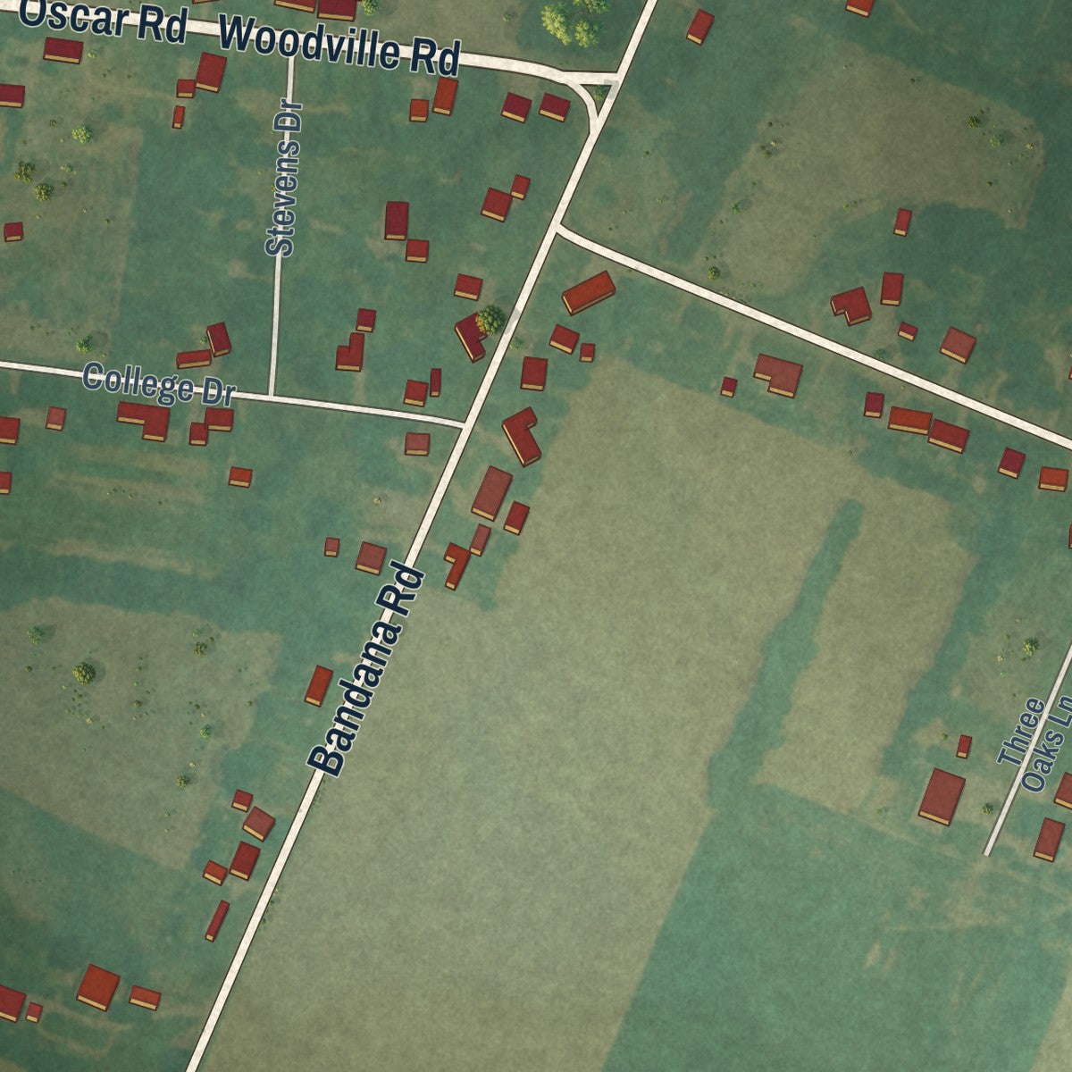 Close-up of the map of Bandana, Kentucky print showing street and building detail