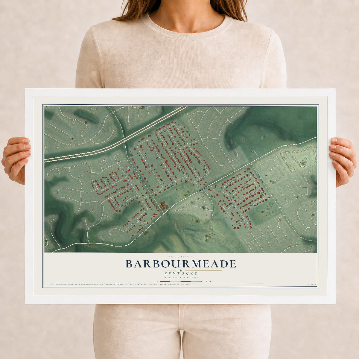 Map of Barbourmeade, Kentucky, 12 x 18 inch print in a white wood frame