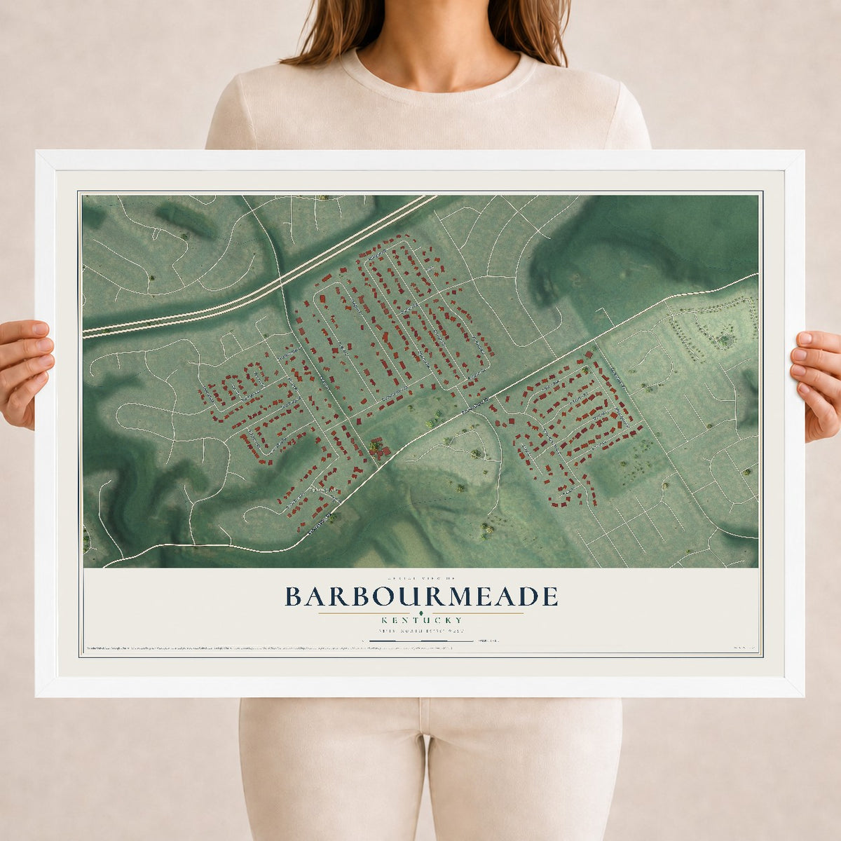 Map of Barbourmeade, Kentucky, 18 x 24 inch print in a white wood frame