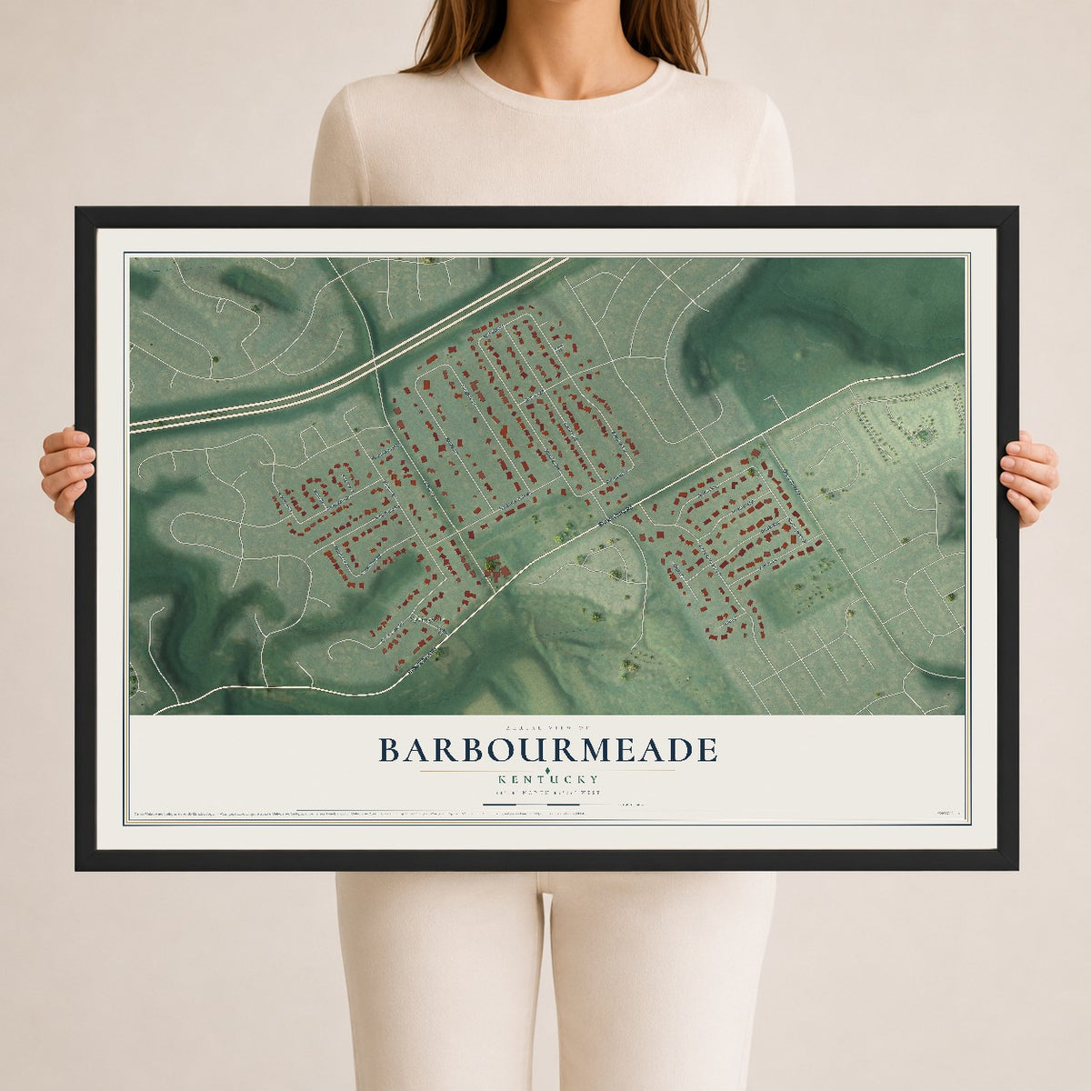 Map of Barbourmeade, Kentucky, 24 x 36 inch print in a black wood frame