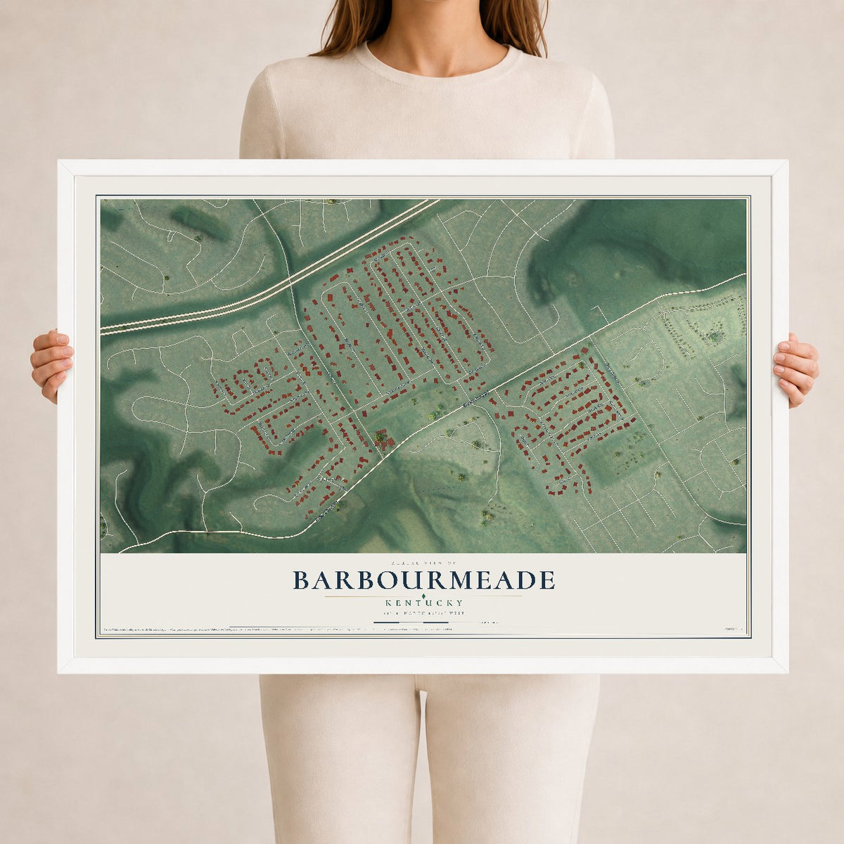 Map of Barbourmeade, Kentucky, 24 x 36 inch print in a white wood frame