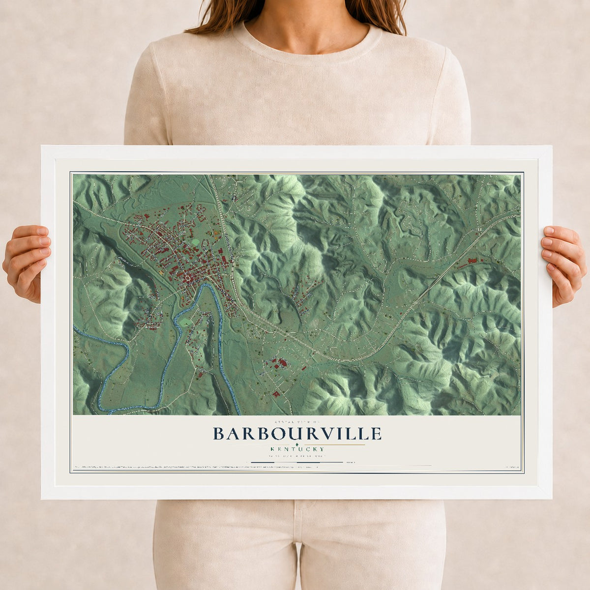 Map of Barbourville, Kentucky, 12 x 18 inch print in a white wood frame
