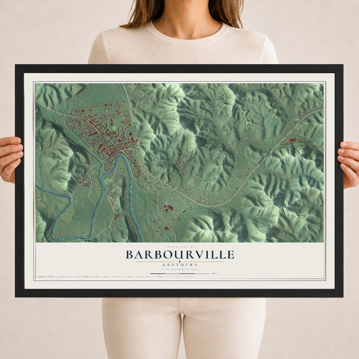 Map of Barbourville, Kentucky, 18 x 24 inch print in a black wood frame