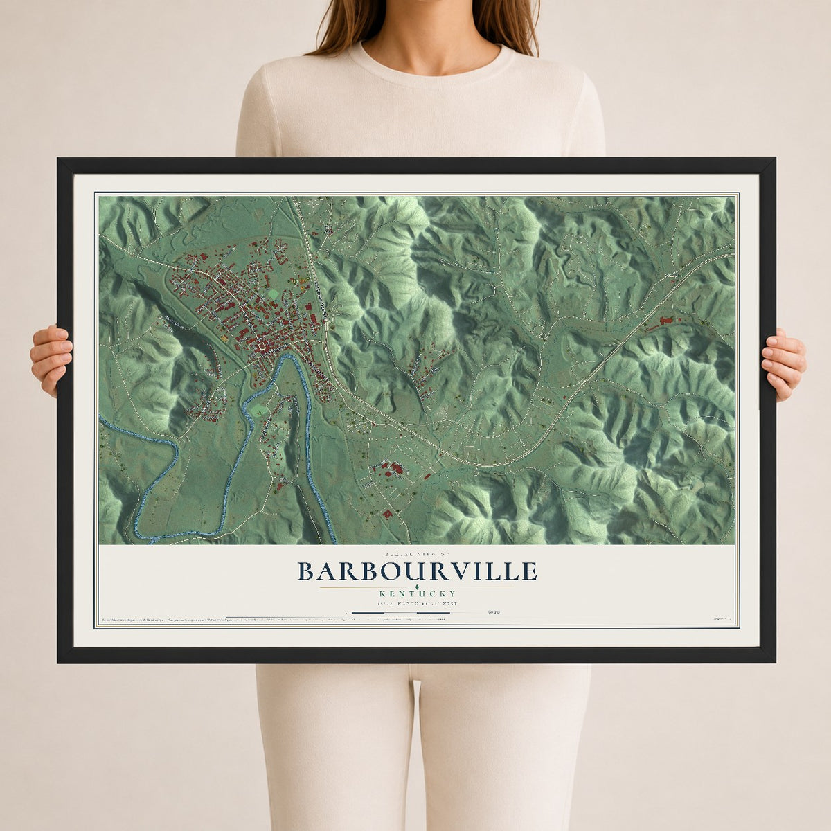 Map of Barbourville, Kentucky, 24 x 36 inch print in a black wood frame