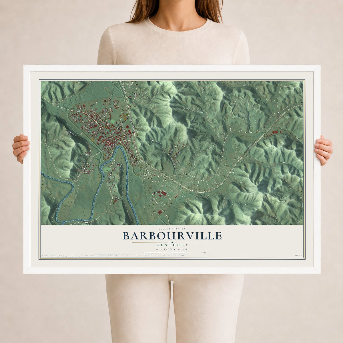Map of Barbourville, Kentucky, 24 x 36 inch print in a white wood frame