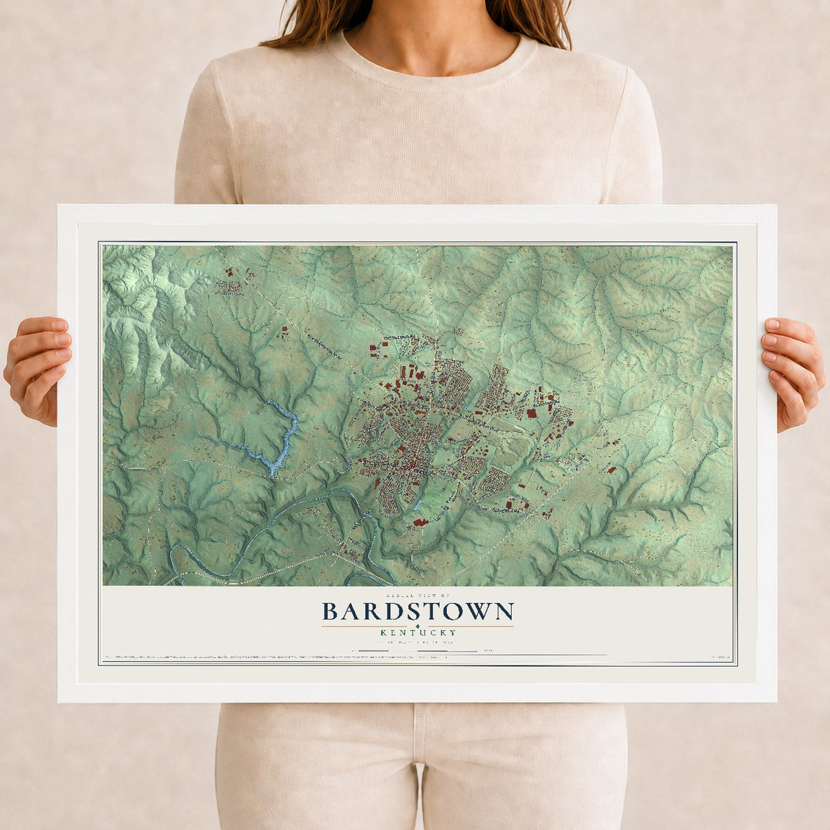 Map of Bardstown, Kentucky, 12 x 18 inch print in a white wood frame