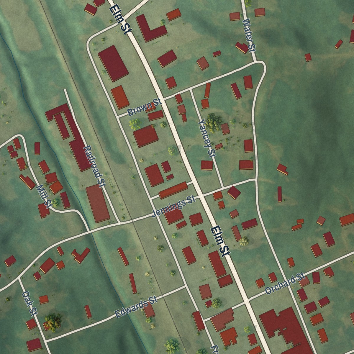 Close-up of the map of Bardwell, Kentucky print showing street and building detail
