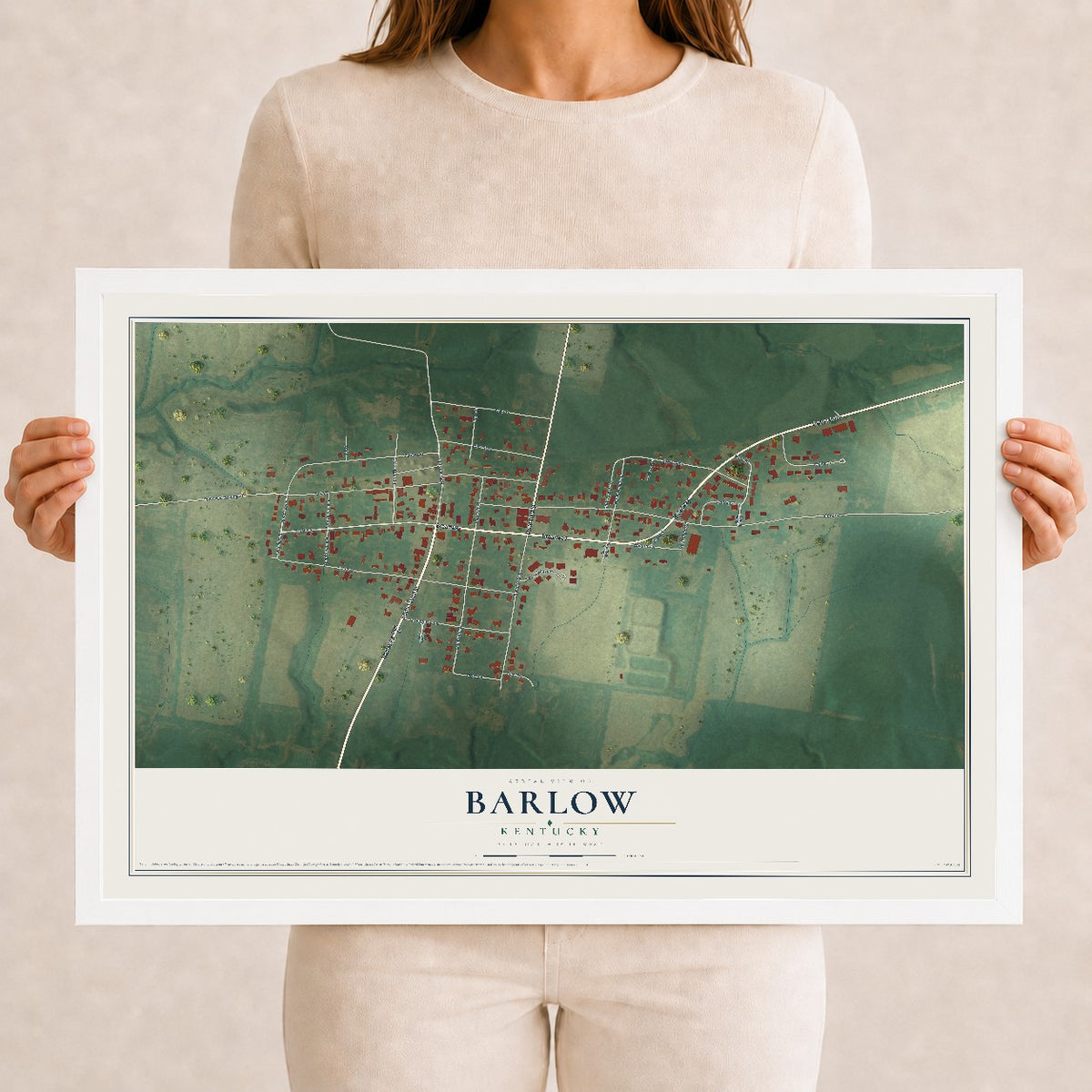 Map of Barlow, Kentucky, 12 x 18 inch print in a white wood frame