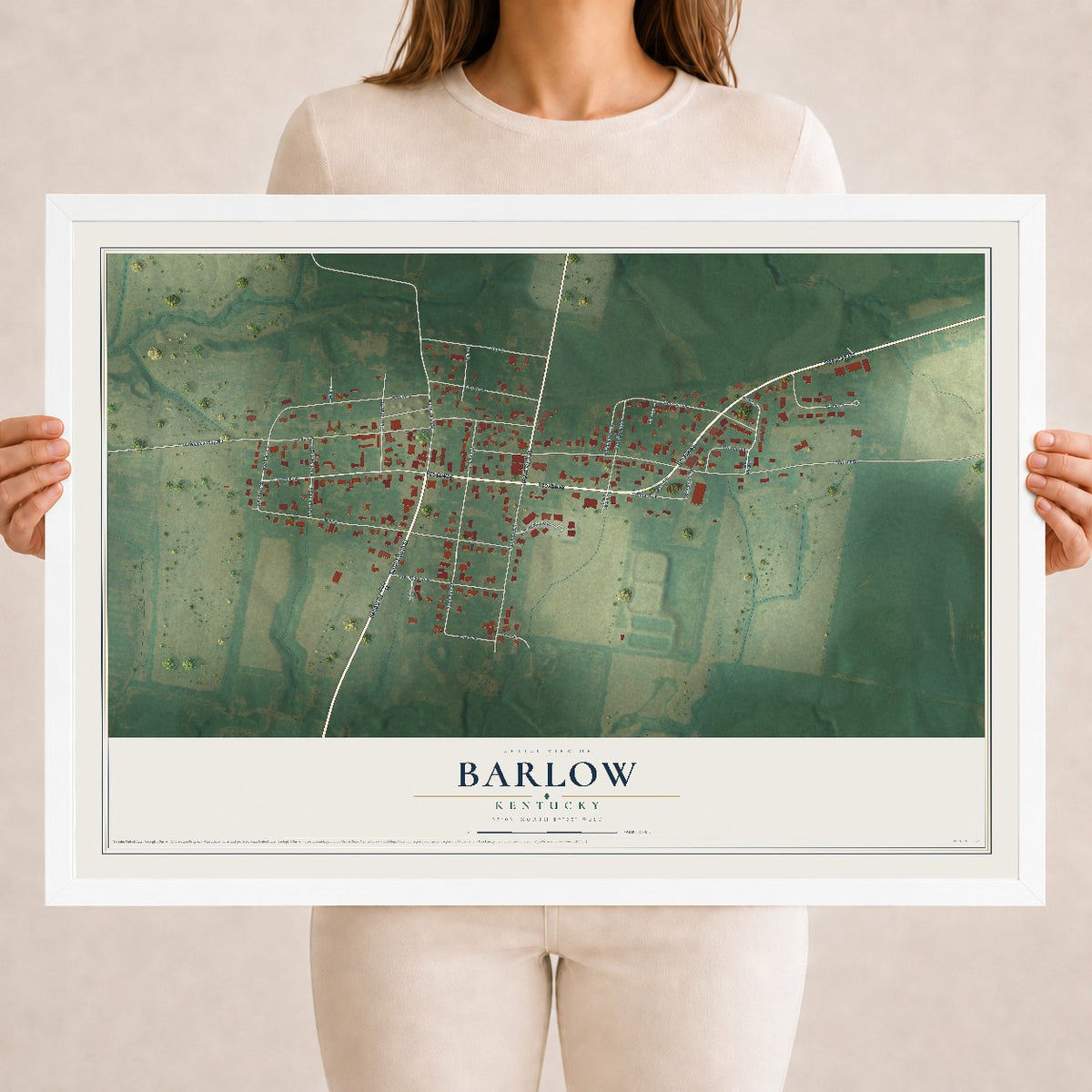 Map of Barlow, Kentucky, 18 x 24 inch print in a white wood frame