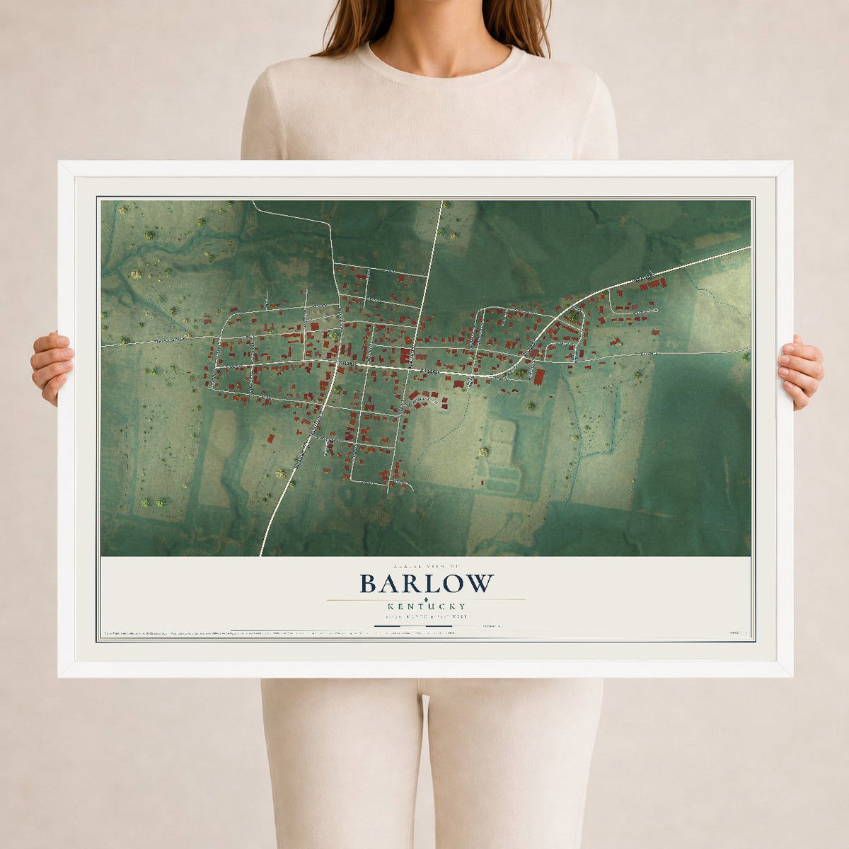 Map of Barlow, Kentucky, 24 x 36 inch print in a white wood frame