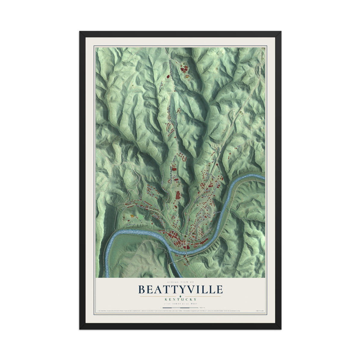 Map of Beattyville, Kentucky, 12 x 18 inch print in a black wood frame