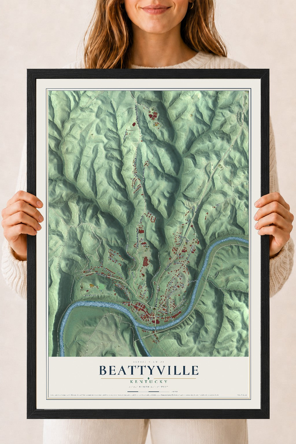 Map of Beattyville, Kentucky, 18 x 24 inch print in a black wood frame