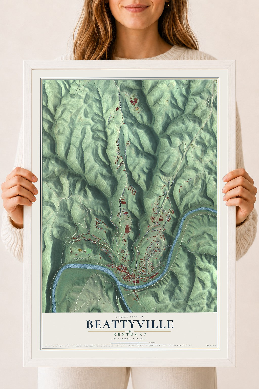 Map of Beattyville, Kentucky, 18 x 24 inch print in a white wood frame