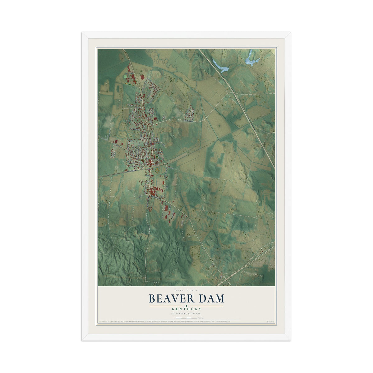 Map of Beaver Dam, Kentucky, 12 x 18 inch print in a white wood frame