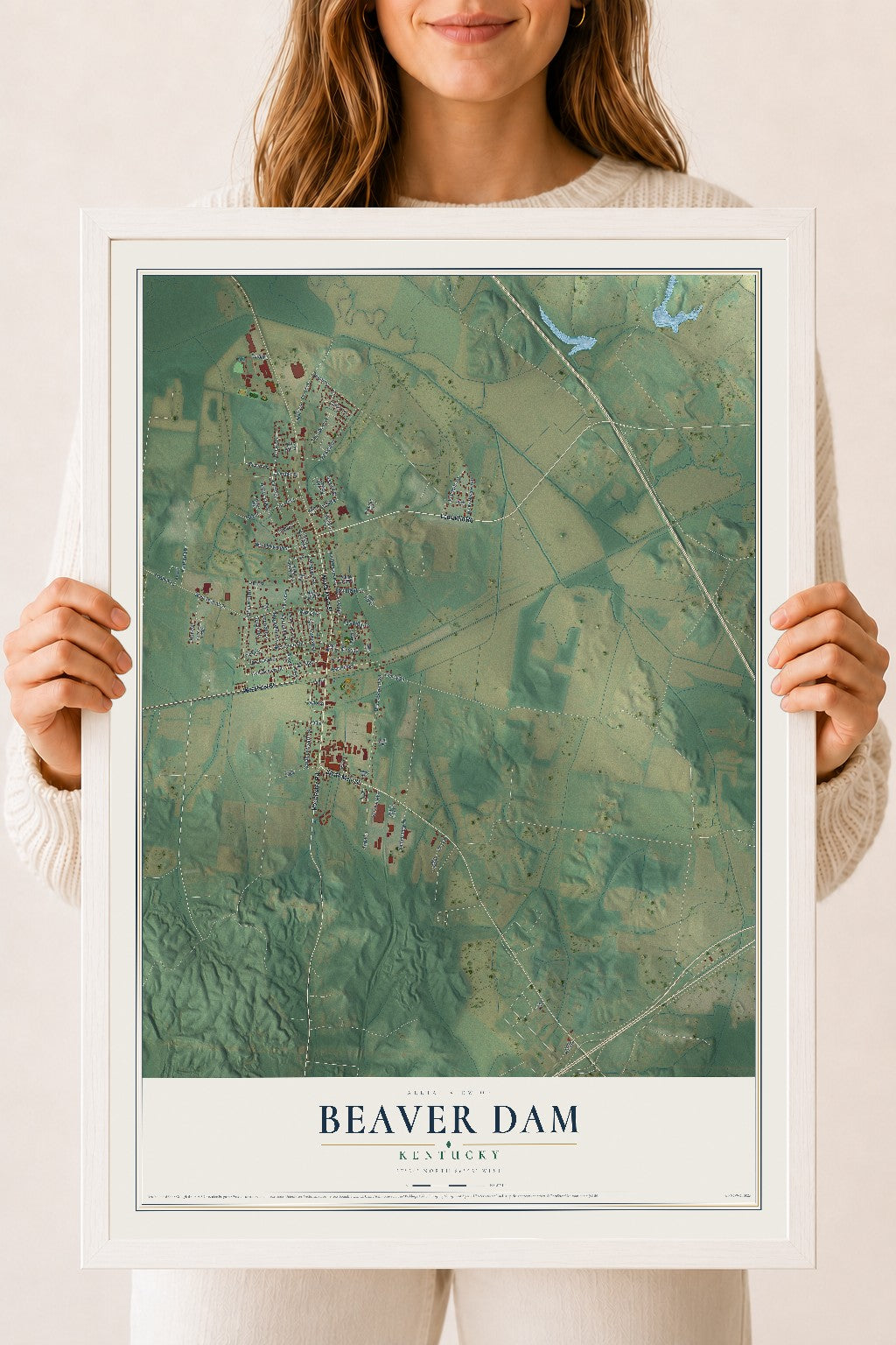Map of Beaver Dam, Kentucky, 18 x 24 inch print in a white wood frame