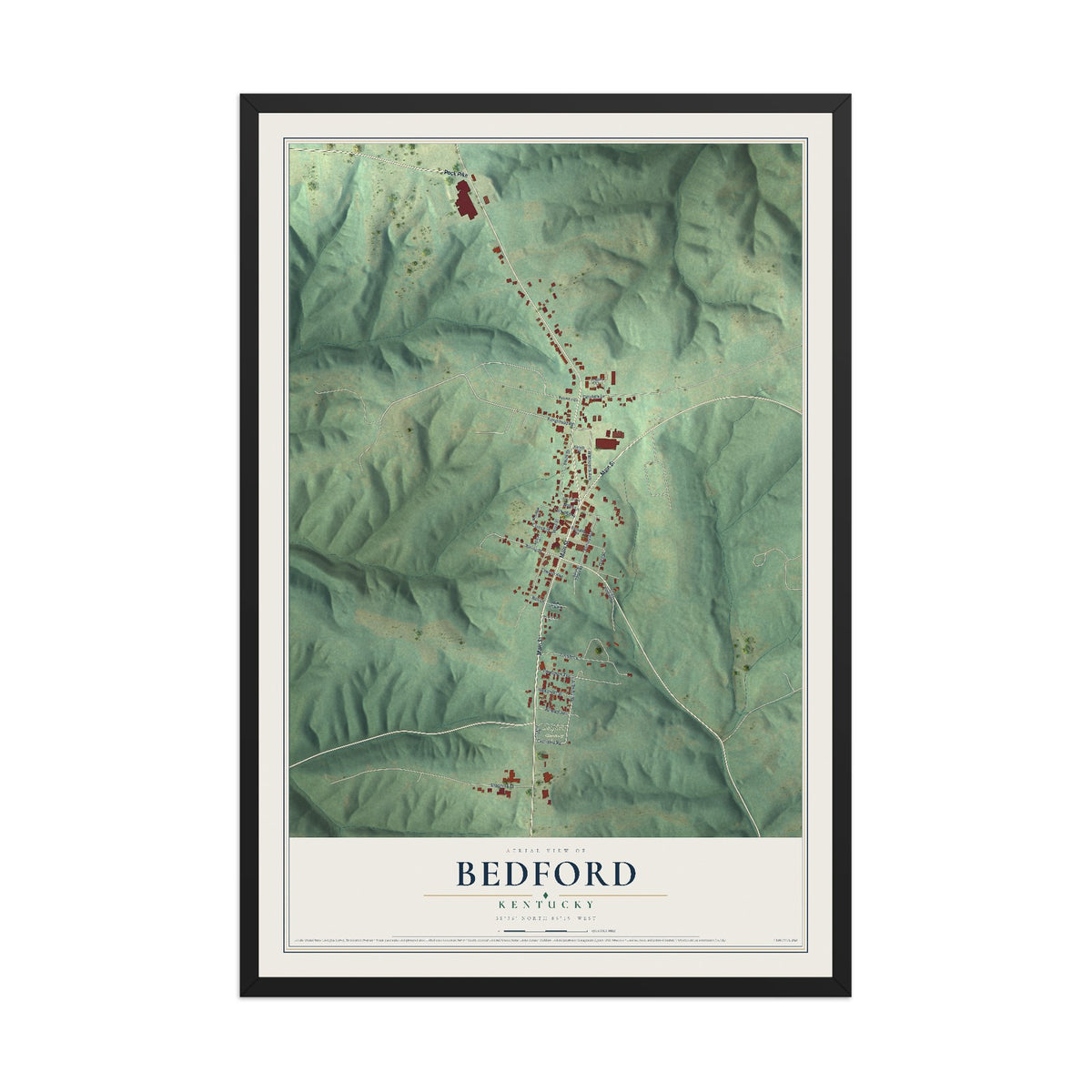 Map of Bedford, Kentucky, 12 x 18 inch print in a black wood frame