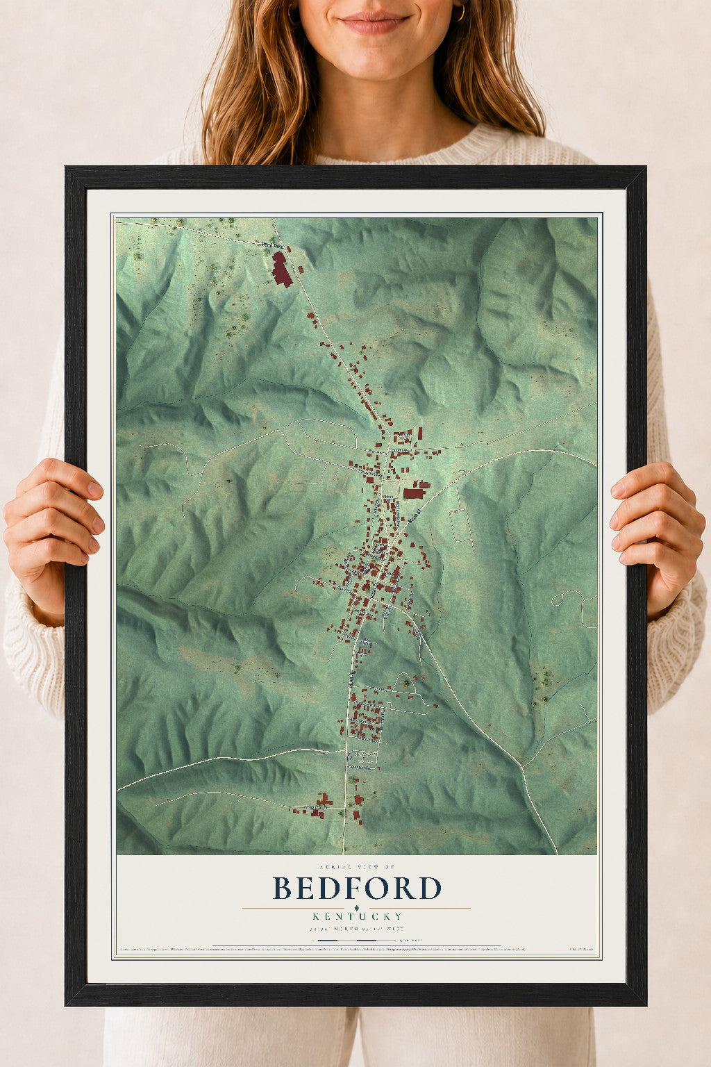 Map of Bedford, Kentucky, 18 x 24 inch print in a black wood frame