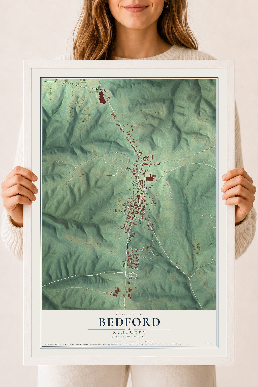 Map of Bedford, Kentucky, 18 x 24 inch print in a white wood frame