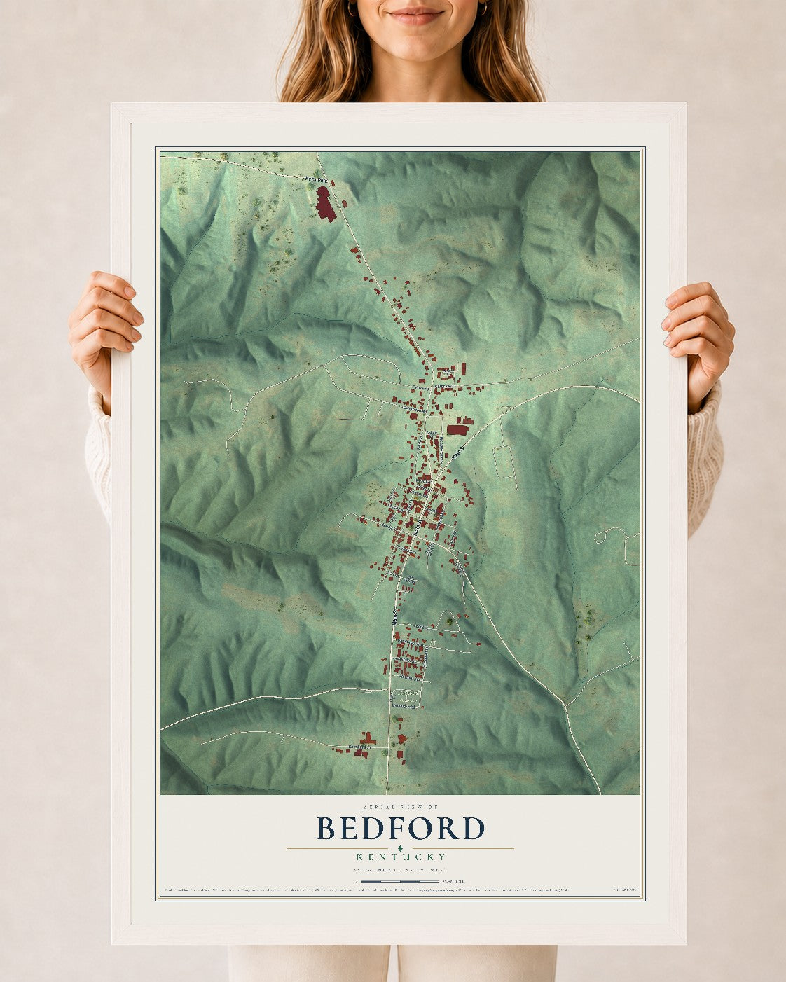 Map of Bedford, Kentucky, 24 x 36 inch print in a white wood frame
