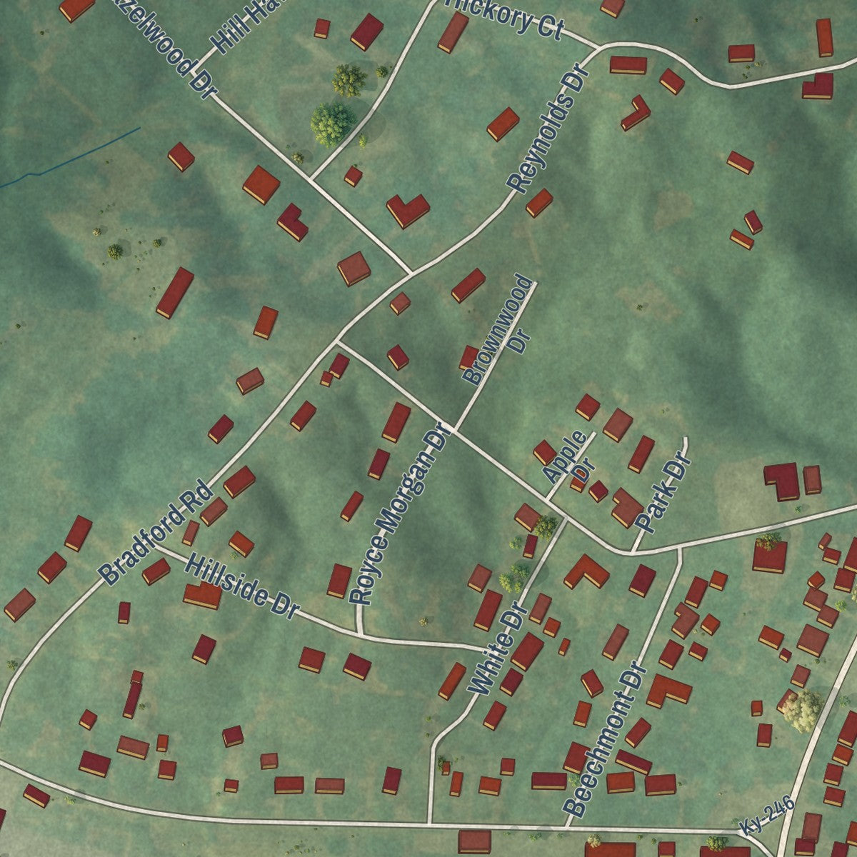 Close-up of the map of Beechmont, Kentucky print showing street and building detail