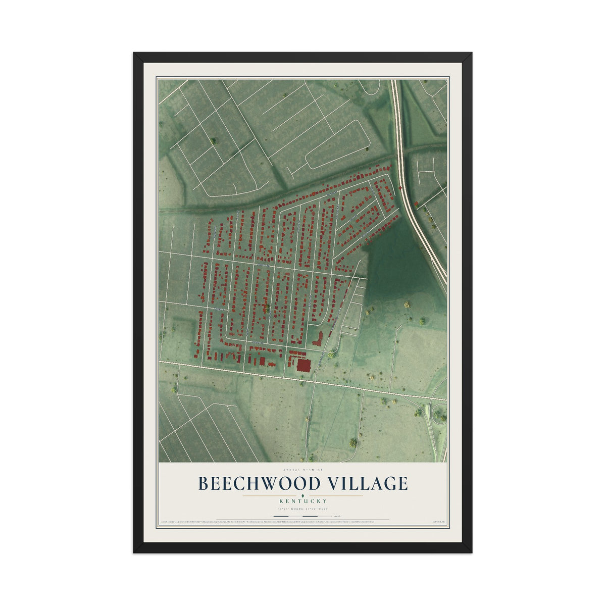 Map of Beechwood Village, Kentucky, 12 x 18 inch print in a black wood frame