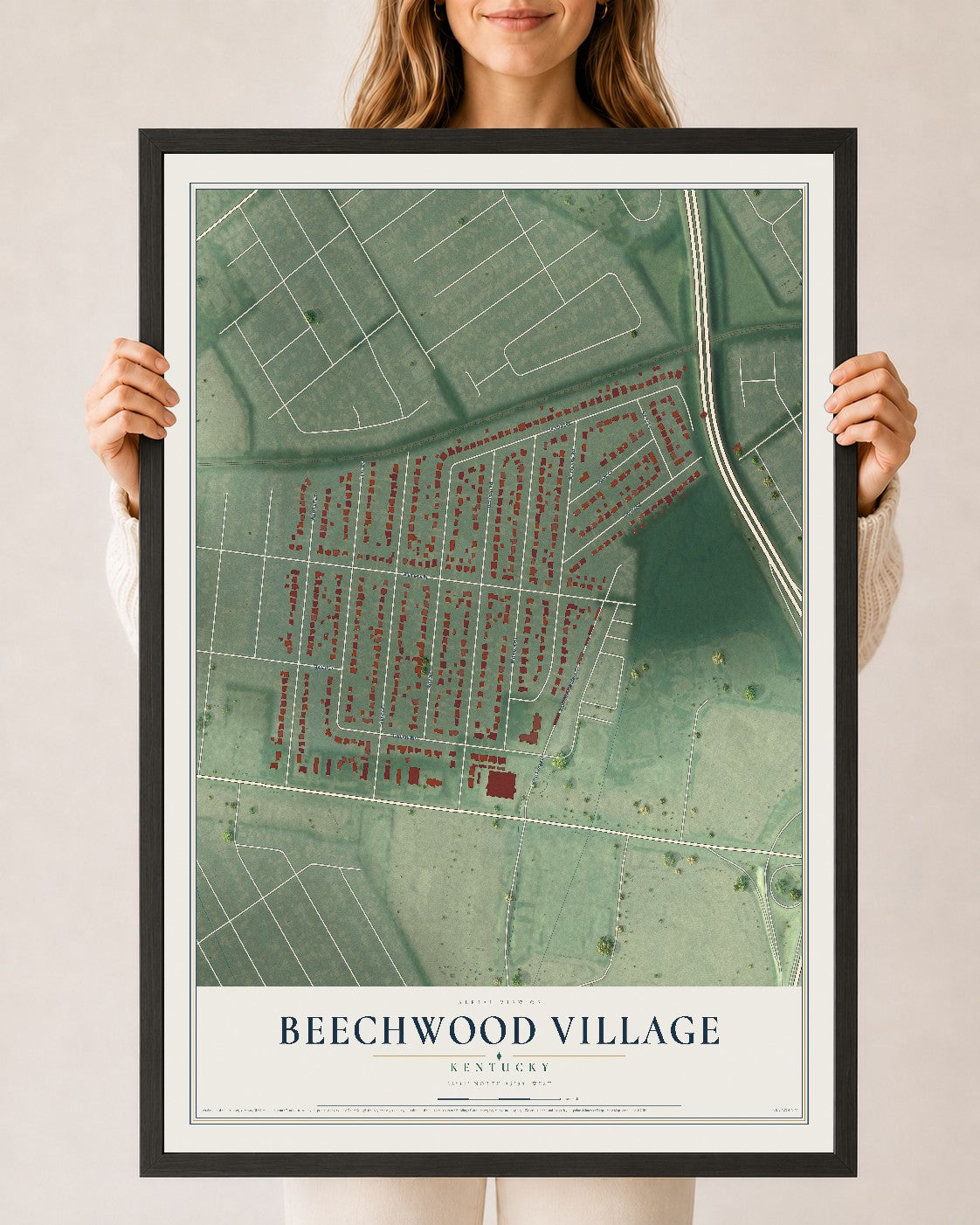 Map of Beechwood Village, Kentucky, 24 x 36 inch print in a black wood frame