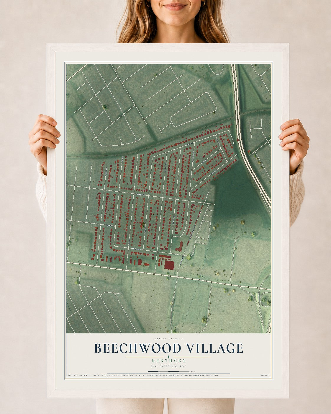 Map of Beechwood Village, Kentucky, 24 x 36 inch print in a white wood frame