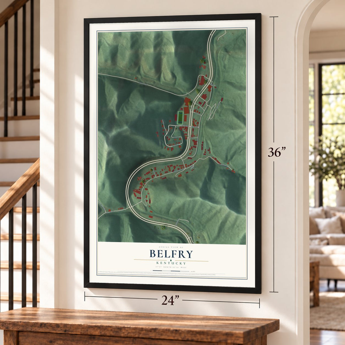 Belfry, Kentucky map, 24 x 36 inch print in a black frame by a staircase