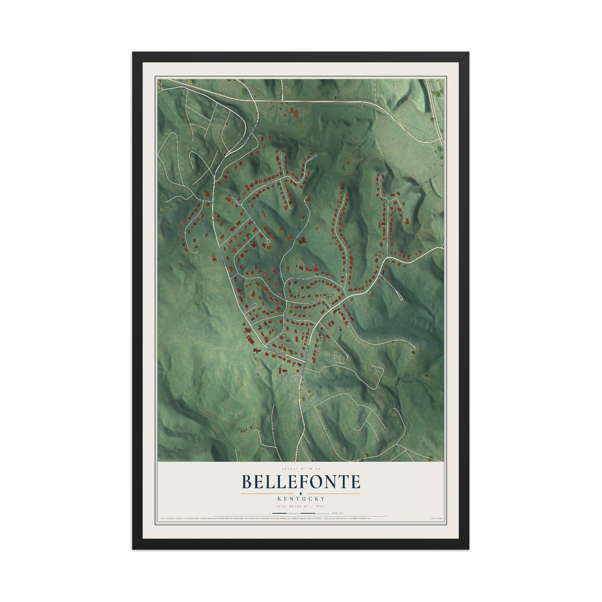 Map of Bellefonte, Kentucky, 12 x 18 inch print in a black wood frame
