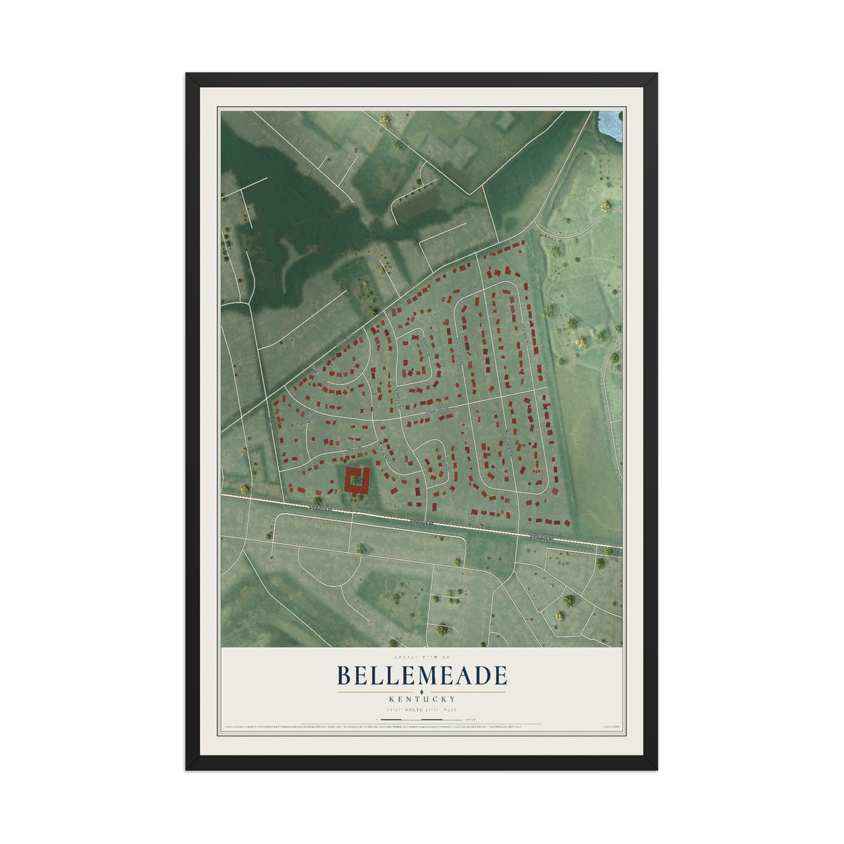 Map of Bellemeade, Kentucky, 12 x 18 inch print in a black wood frame
