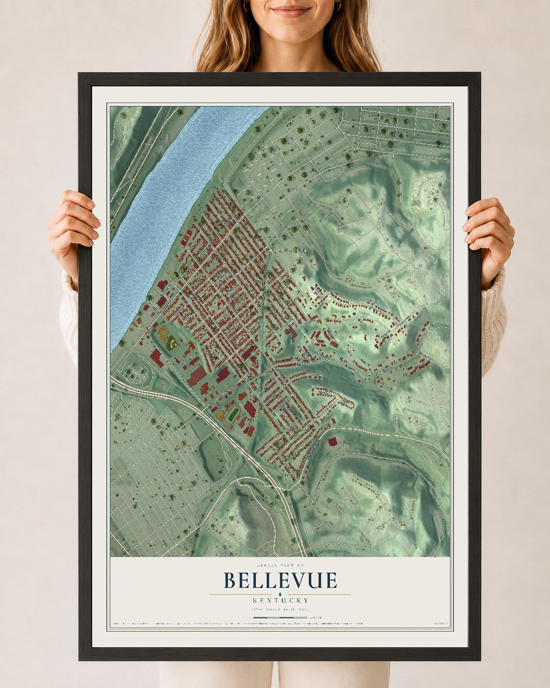 Map of Bellevue, Kentucky, 24 x 36 inch print in a black wood frame