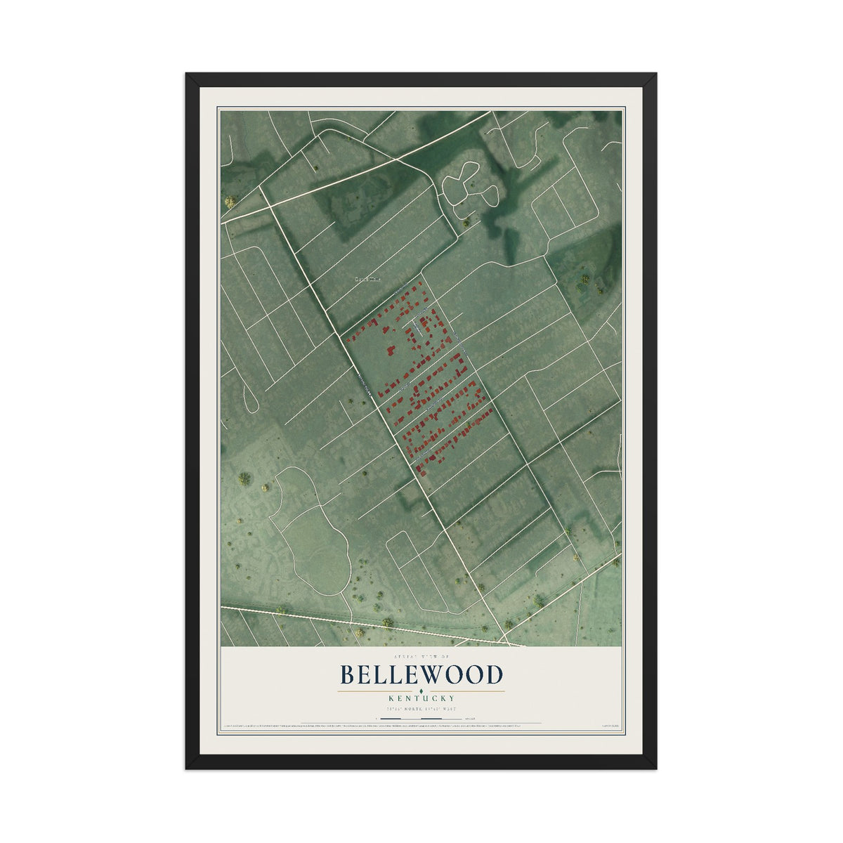 Map of Bellewood, Kentucky, 12 x 18 inch print in a black wood frame