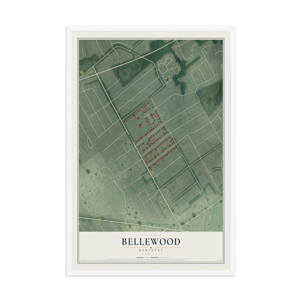 Map of Bellewood, Kentucky, 12 x 18 inch print in a white wood frame