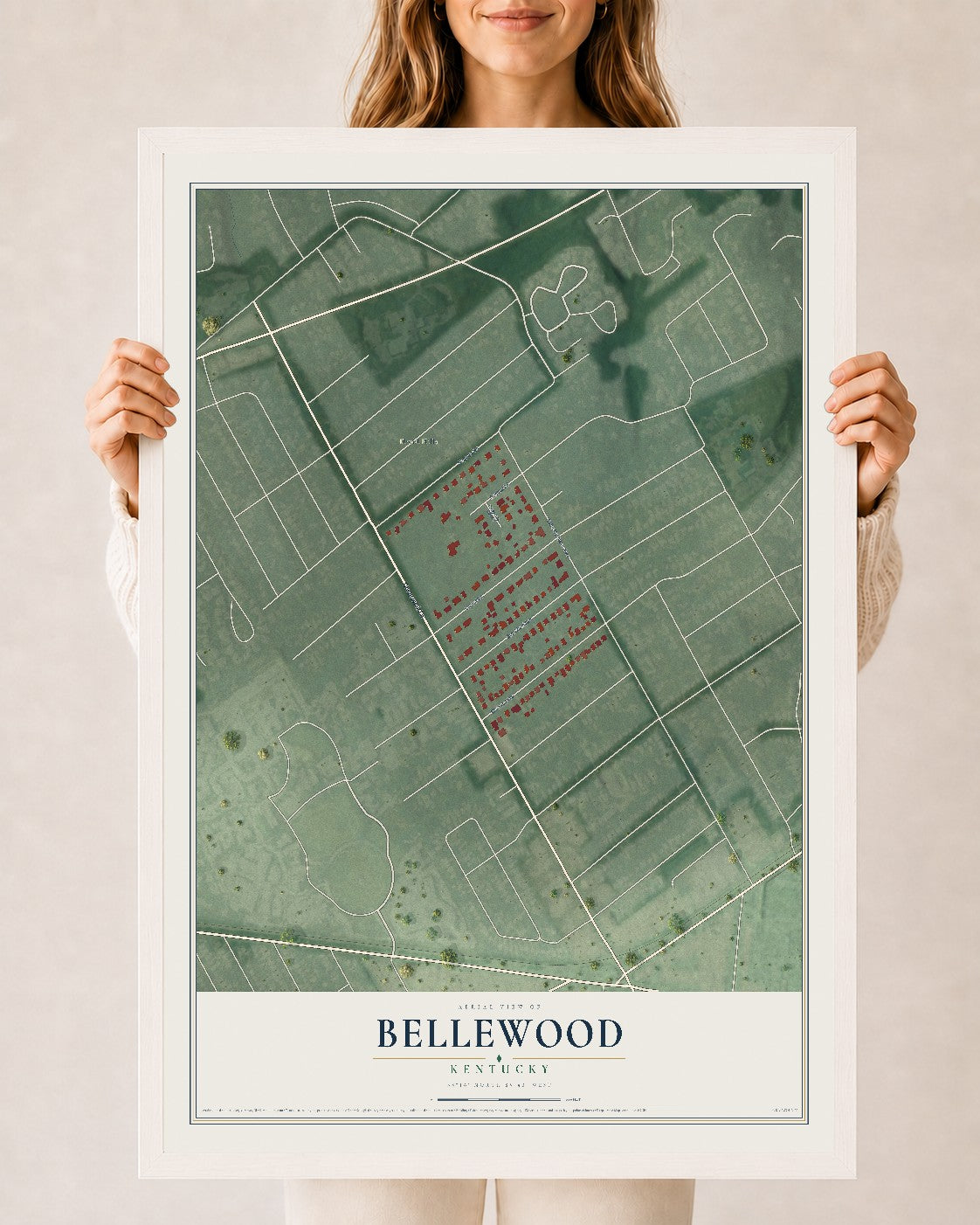 Map of Bellewood, Kentucky, 24 x 36 inch print in a white wood frame