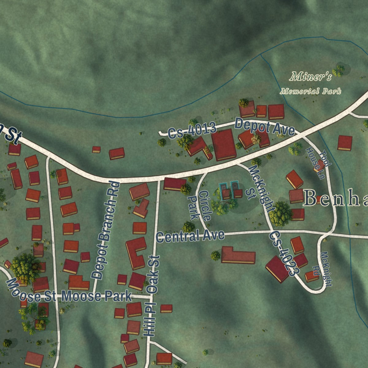 Close-up of the map of Benham, Kentucky print showing street and building detail