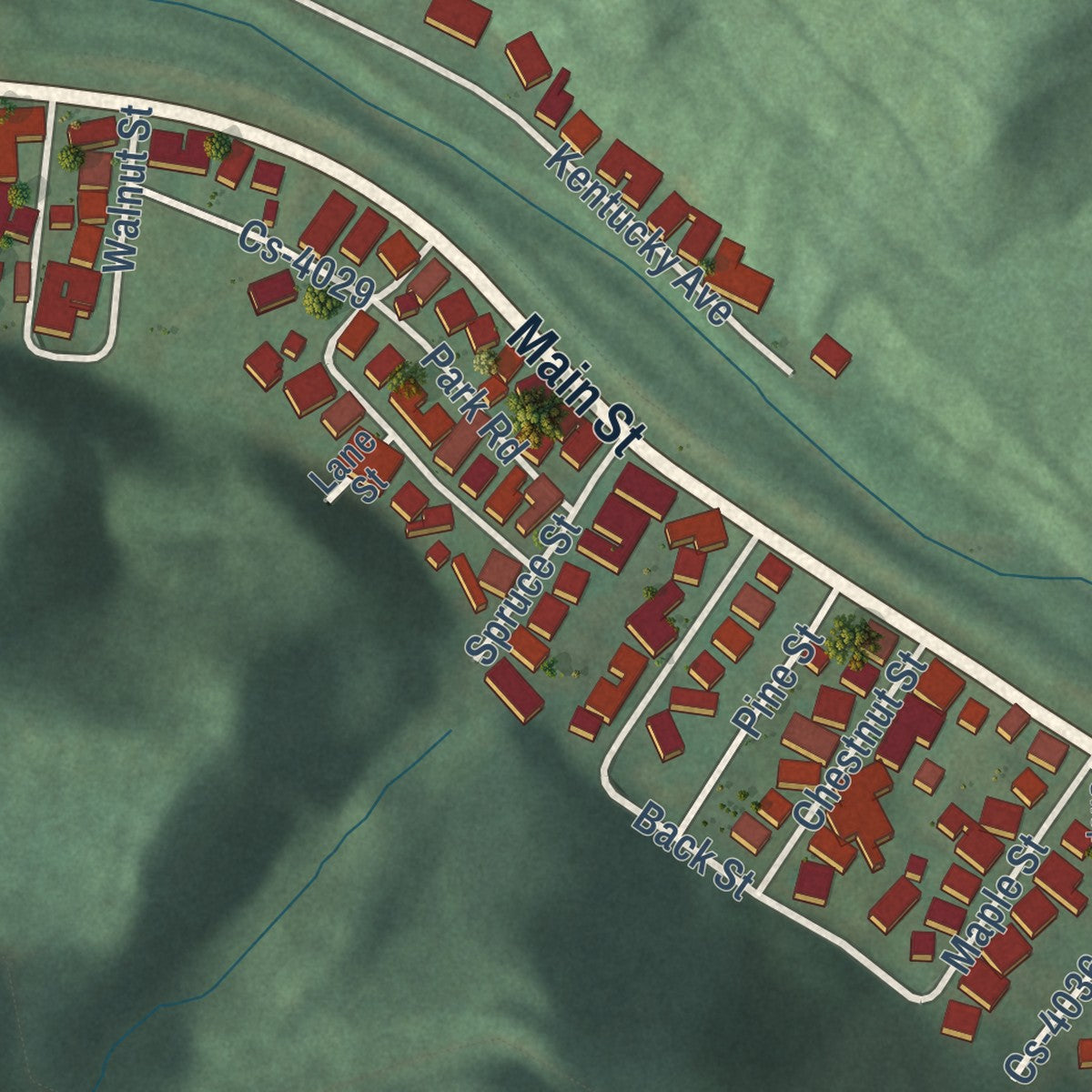 Second close-up of the map of Benham, Kentucky print showing more streets and buildings