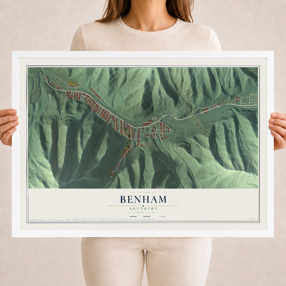 Map of Benham, Kentucky, 18 x 24 inch print in a white wood frame