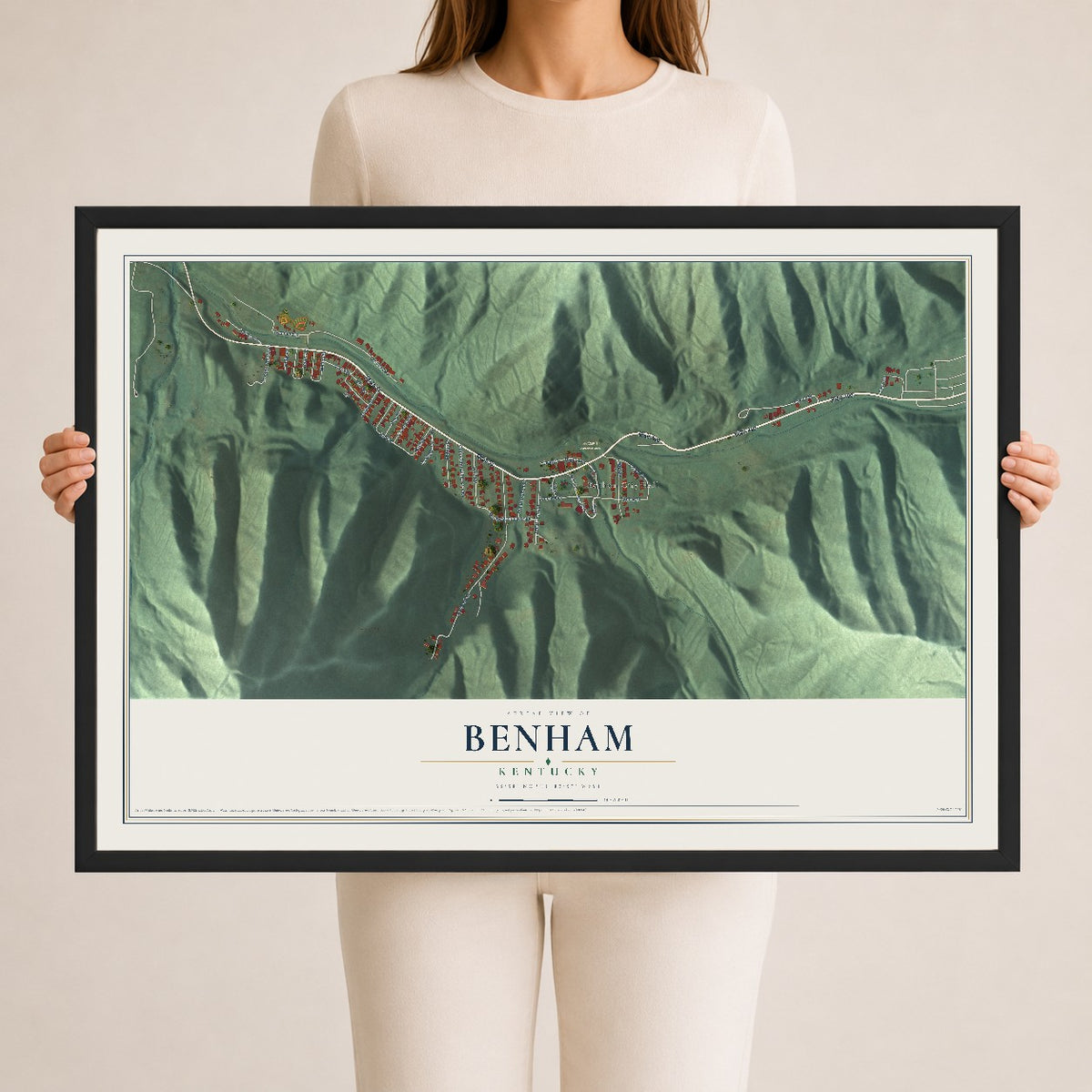 Map of Benham, Kentucky, 24 x 36 inch print in a black wood frame